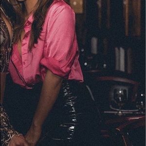 Satin HOT PINK long button down shirt dress